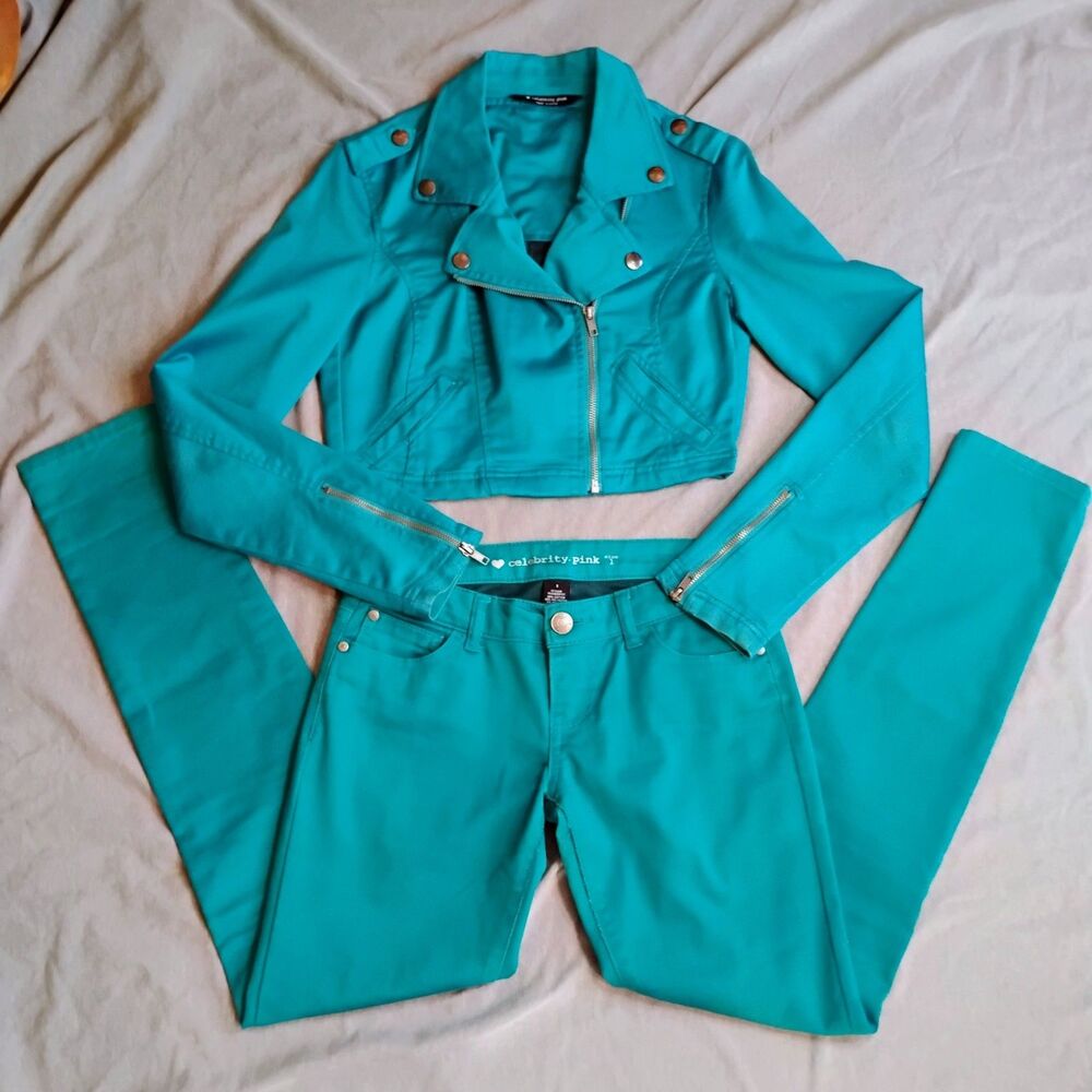 Celebrity Pink y2k Teal Outfit Set Womens Small / Pants Size 1 Moto Jacket Pants - Picture 1 of 16